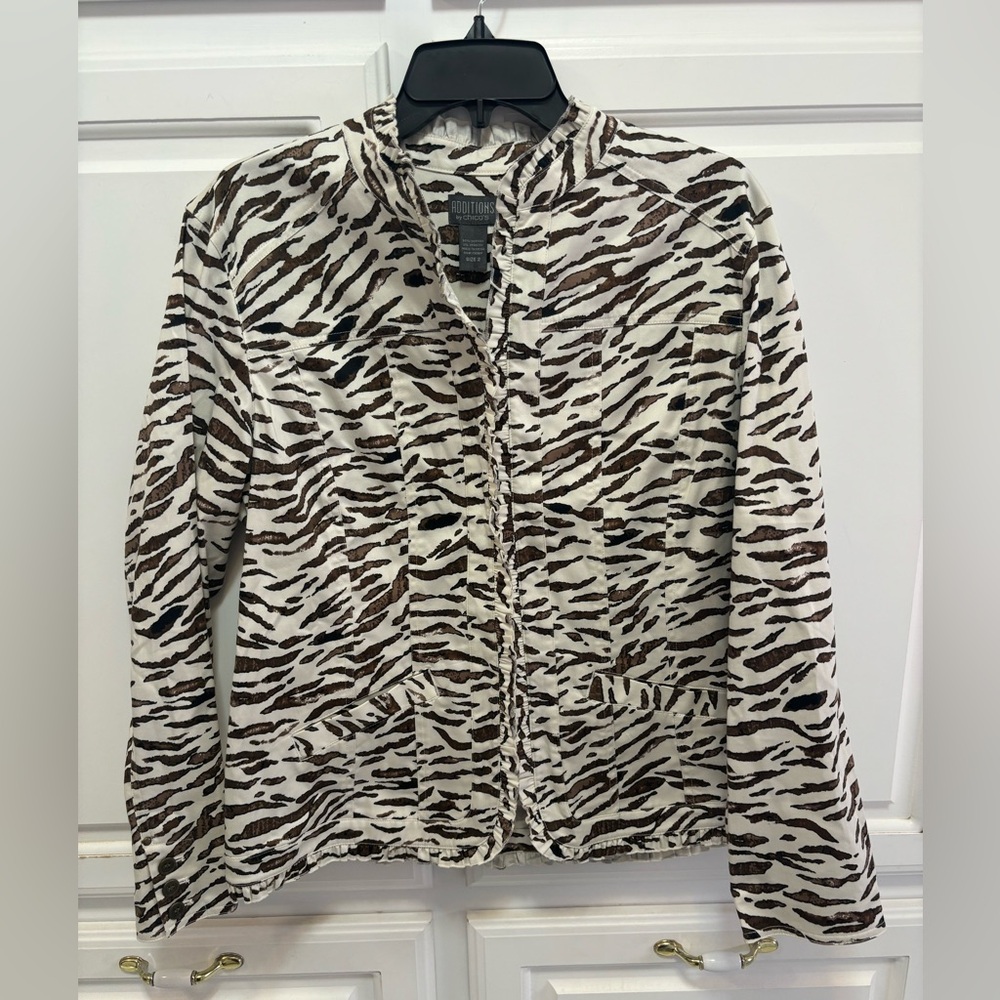 Chico’s Additions Zebra Striped Brown Cream Long Sleeve Jacket Size L Chico’s 2